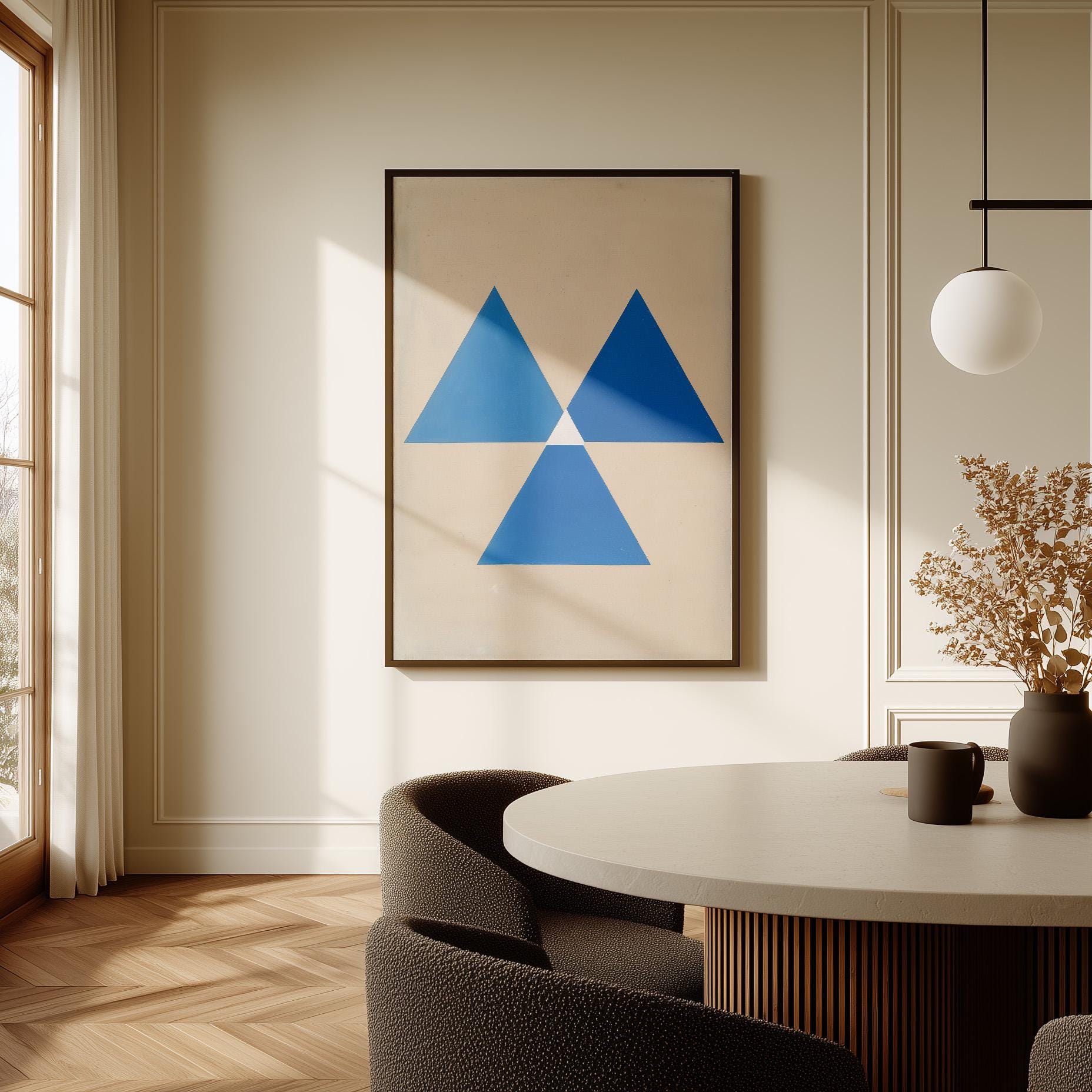 a modern dining room with a round table, a black chair, and a framed abstract artwork on the wall.