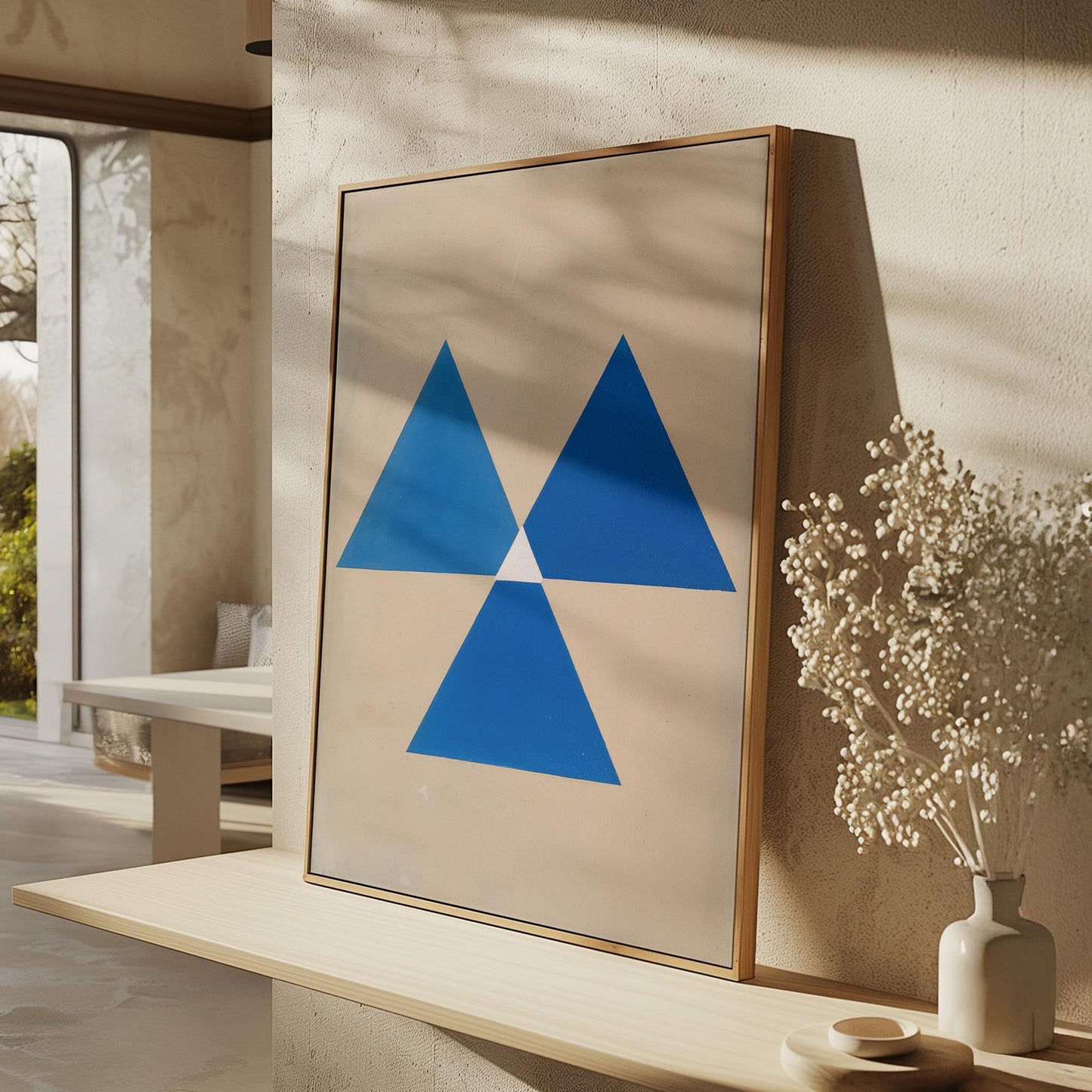 a large framed artwork with a blue triangle design on a beige wall, accompanied by a vase of white flowers and a wooden shelf.