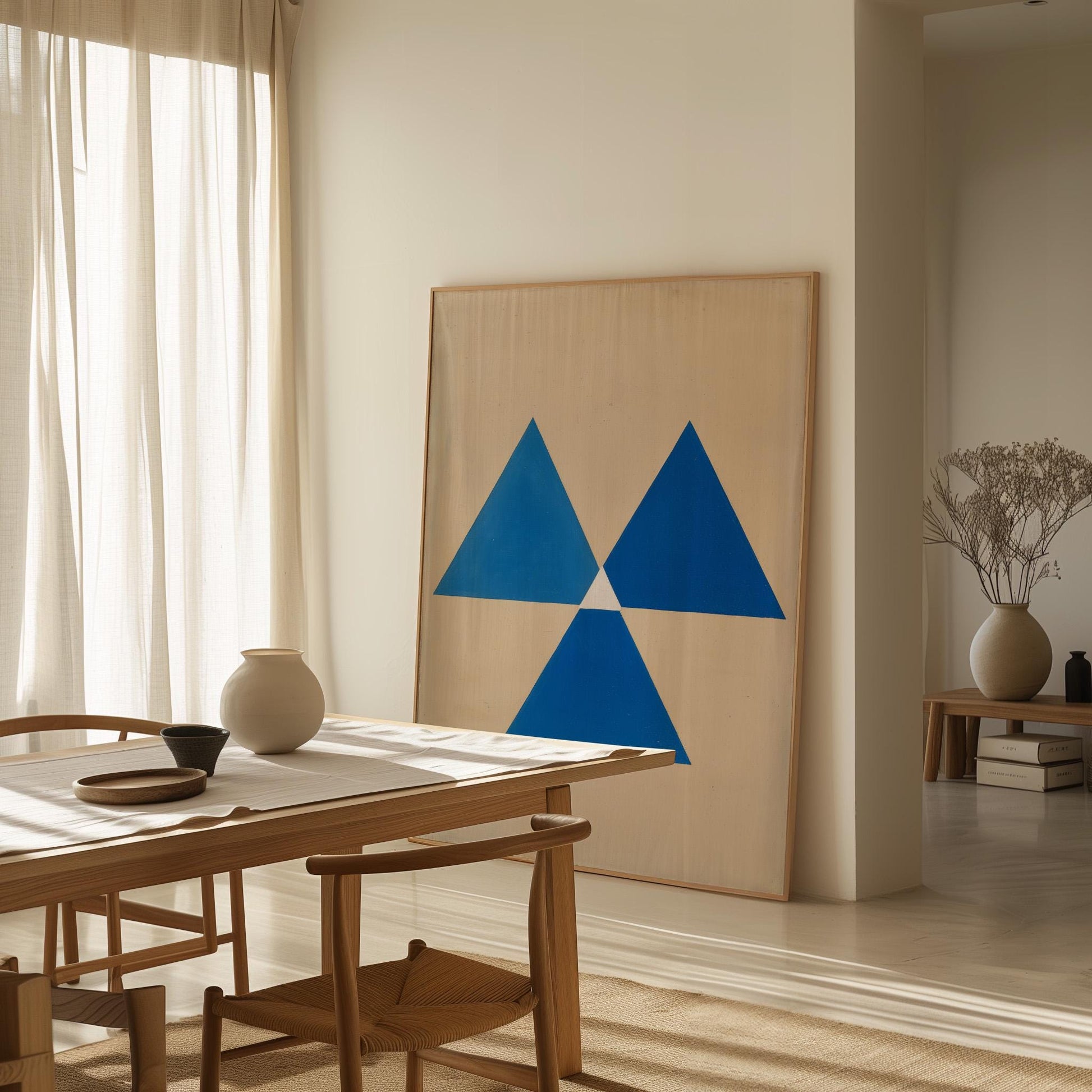 a modern dining room with a wooden table and chairs, a large abstract painting on the wall, and a vase of flowers on a side table.