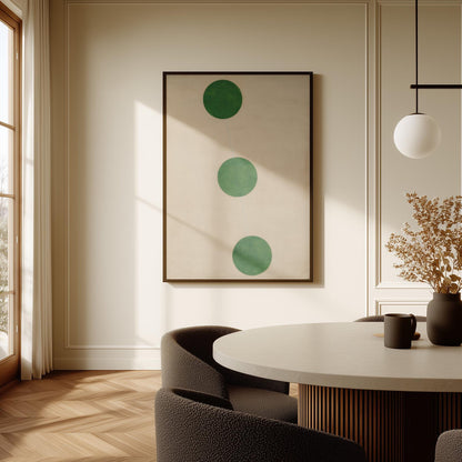 a modern dining room with a round table, two chairs, and a large abstract painting on the wall.