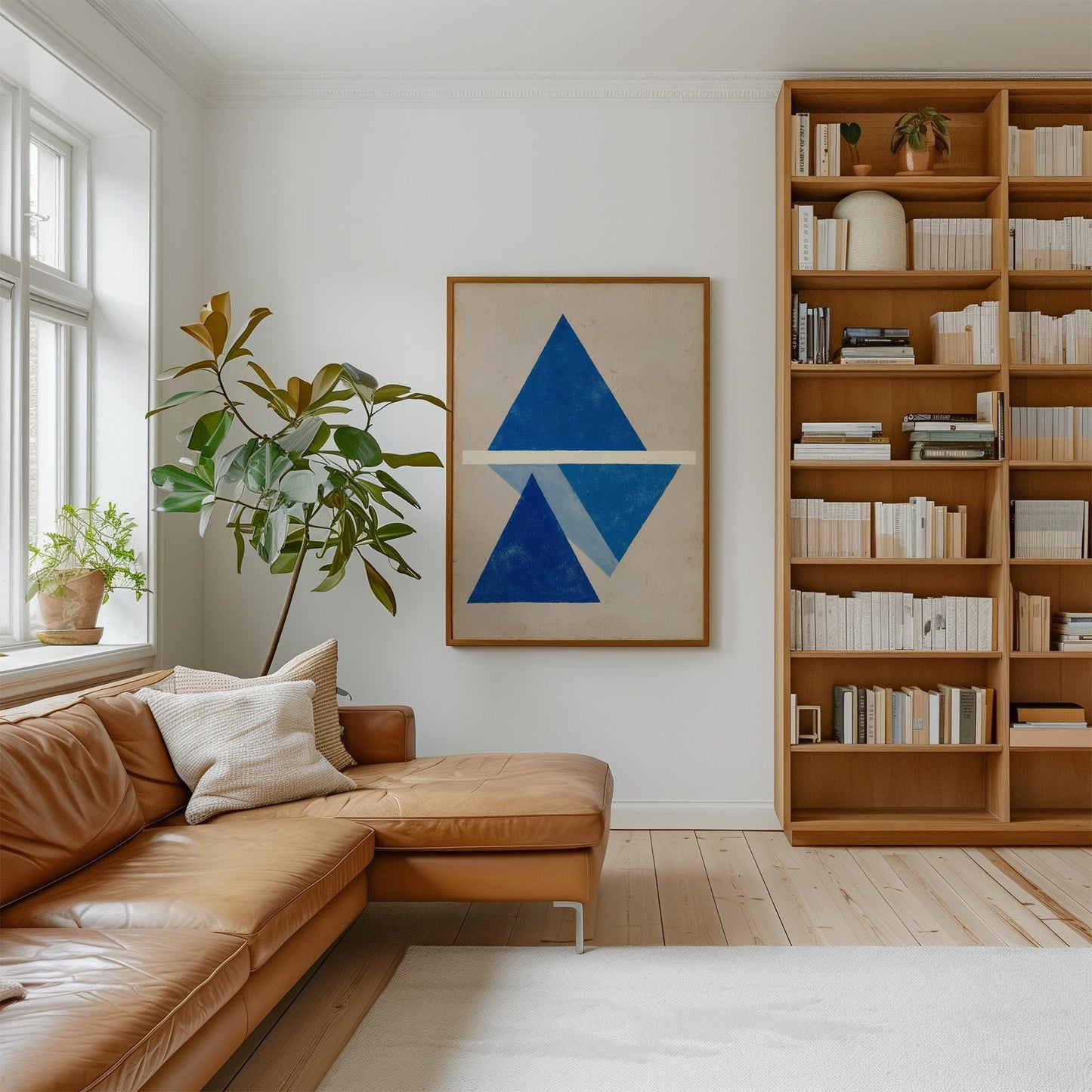 a cozy living room with a large bookshelf filled with books, a comfortable leather sofa, and a large abstract painting on the wall.