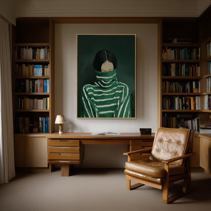 Woman in Turtleneck Canvas Print: Modern Green Portrait (Unframed or Floating Frame)