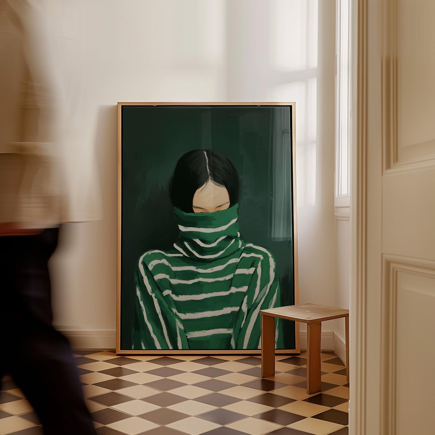 Woman in Turtleneck Canvas Print: Modern Green Portrait (Unframed or Floating Frame)