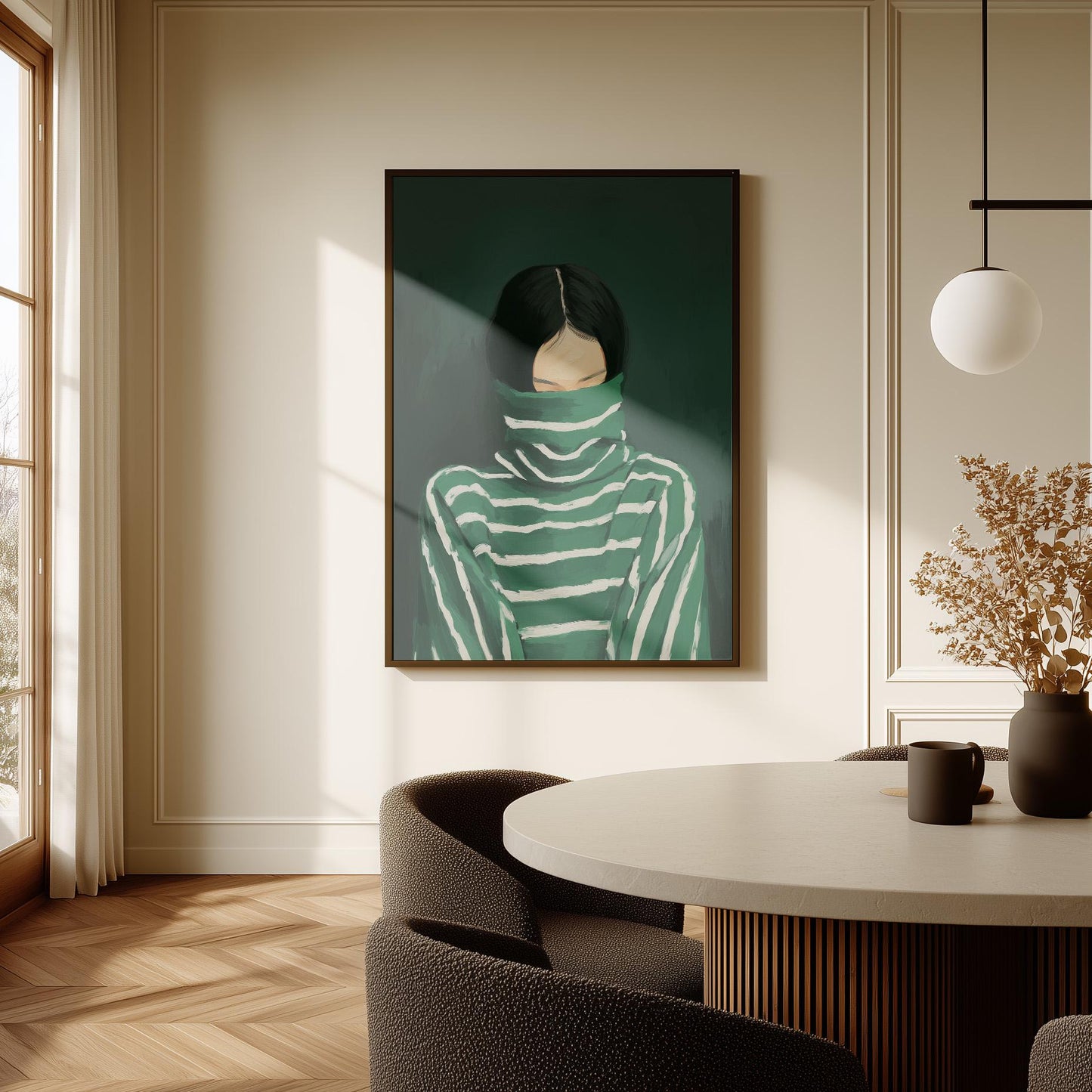 Woman in Turtleneck Canvas Print: Modern Green Portrait (Unframed or Floating Frame)