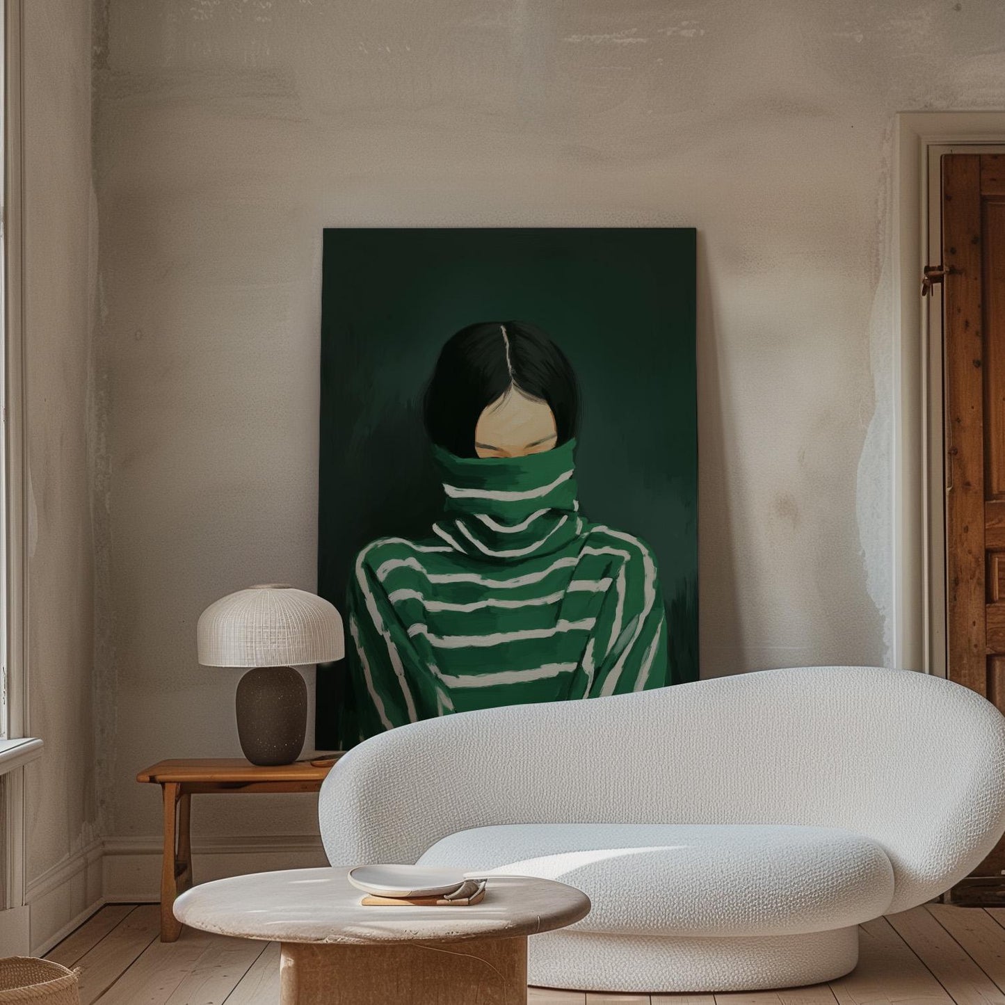 Woman in Turtleneck Canvas Print: Modern Green Portrait (Unframed or Floating Frame)