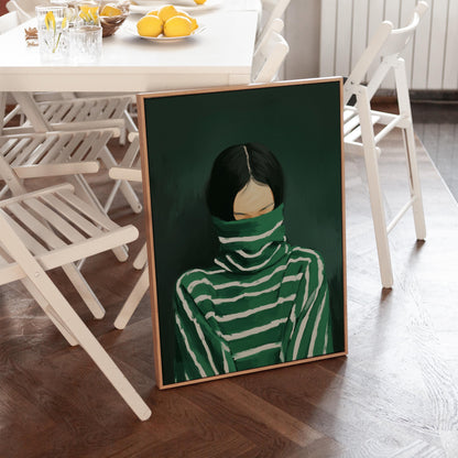 Woman in Turtleneck Canvas Print: Modern Green Portrait (Unframed or Floating Frame)