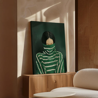 Woman in Turtleneck Canvas Print: Modern Green Portrait (Unframed or Floating Frame)