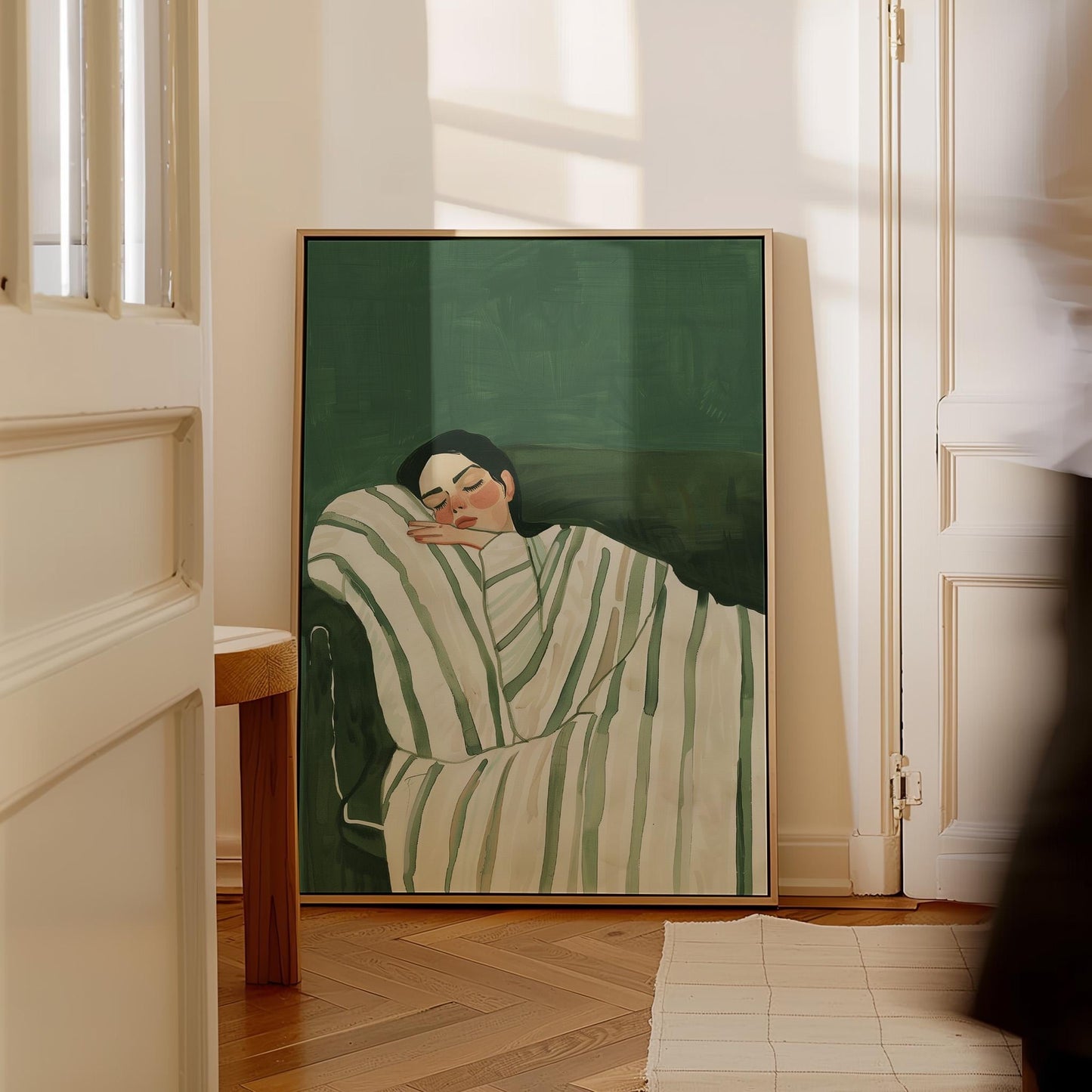 Sleeping Woman Canvas Wall Art, Figurative Painting in Green Tones, Modern Relaxing Portrait for Bedroom or Living Room