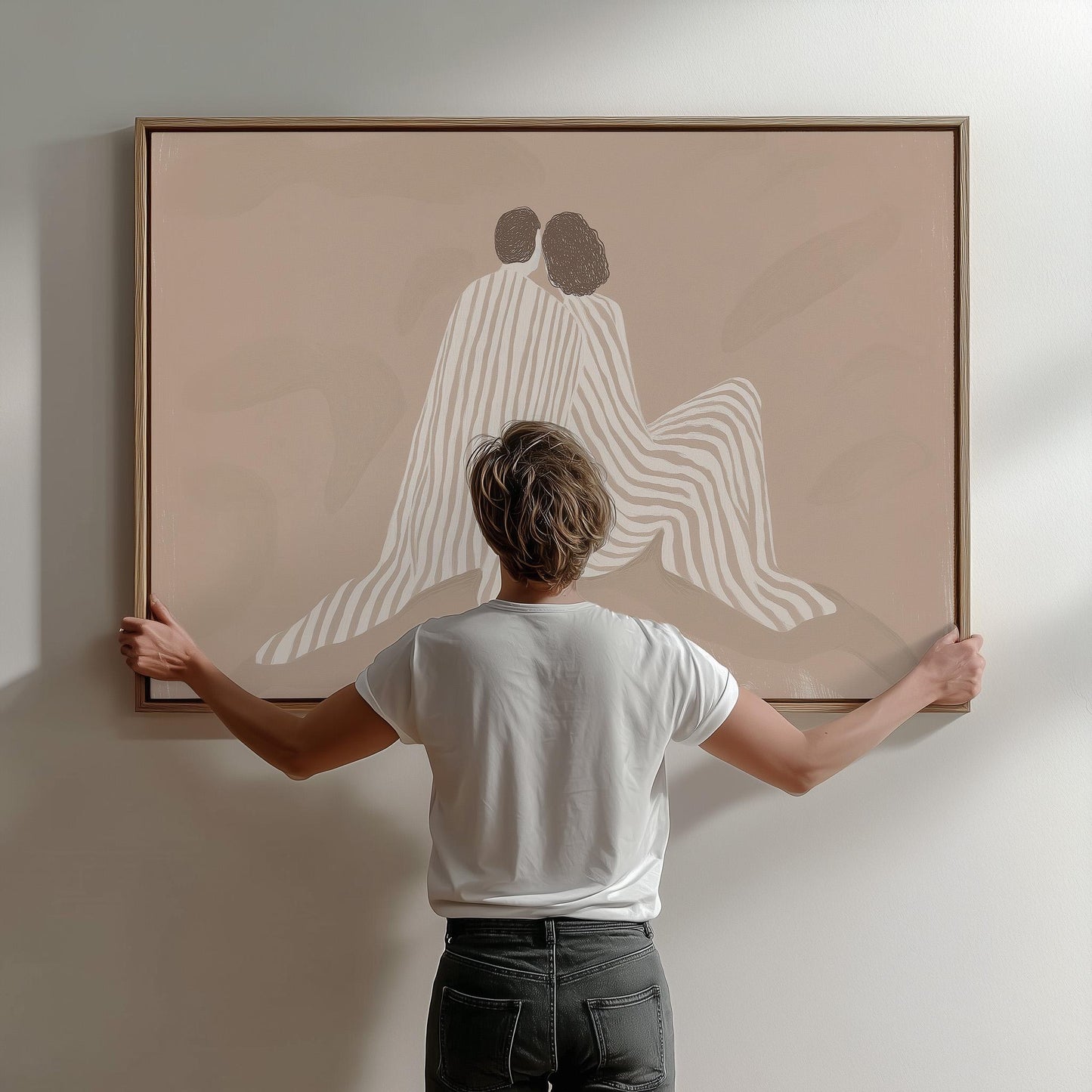 Couple Embrace Canvas Print: Minimalist Beige Line Art - Neutral Decor