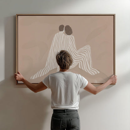 Couple Embrace Canvas Print: Minimalist Beige Line Art - Neutral Decor