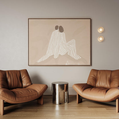 Couple Embrace Canvas Print: Minimalist Beige Line Art - Neutral Decor
