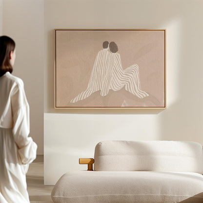 Couple Embrace Canvas Print: Minimalist Beige Line Art - Neutral Decor