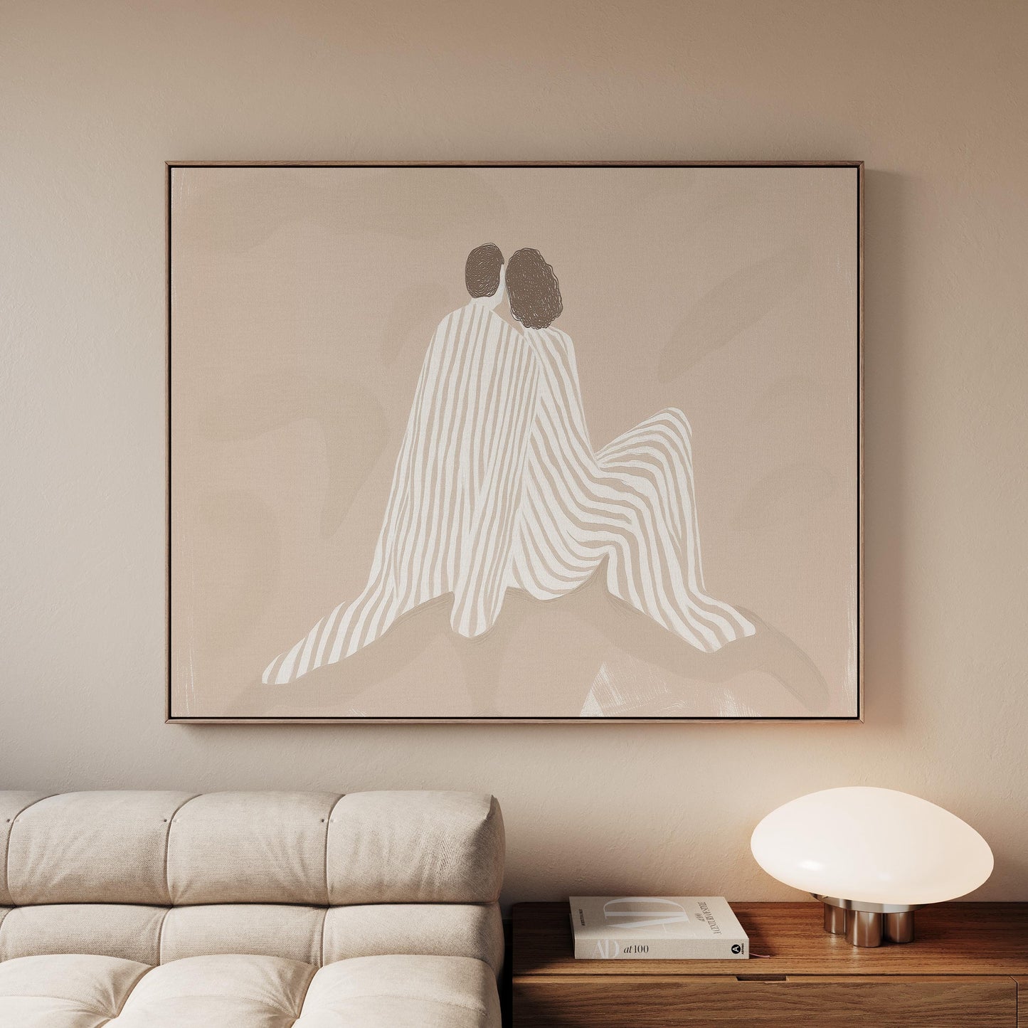 Couple Embrace Canvas Print: Minimalist Beige Line Art - Neutral Decor