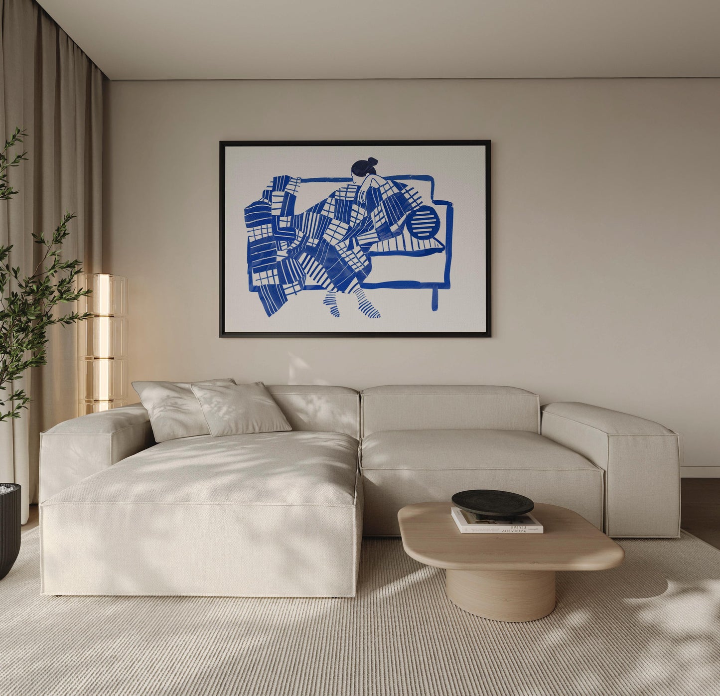 Figurative Wall Art: Blue Abstract Woman - Floating Wood Frame
