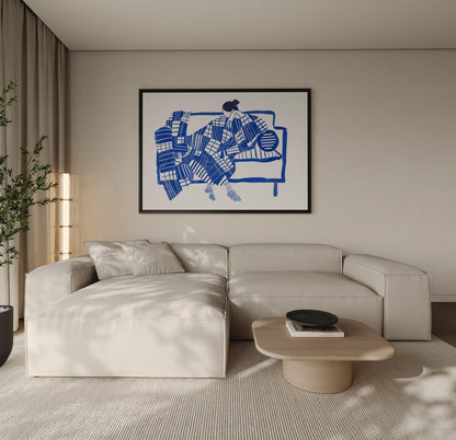 Figurative Wall Art: Blue Abstract Woman - Floating Wood Frame
