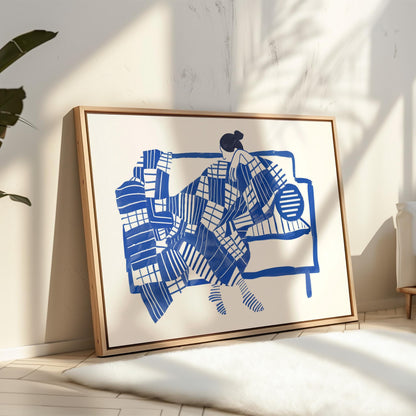 Figurative Wall Art: Blue Abstract Woman - Floating Wood Frame