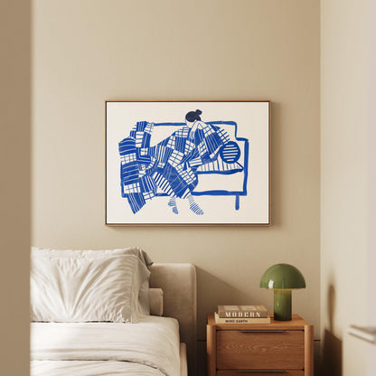 Figurative Wall Art: Blue Abstract Woman - Floating Wood Frame