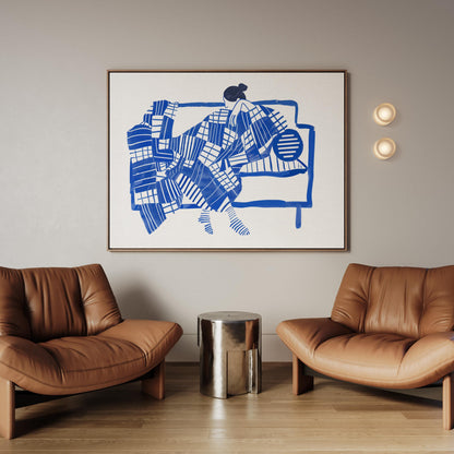 Figurative Wall Art: Blue Abstract Woman - Floating Wood Frame