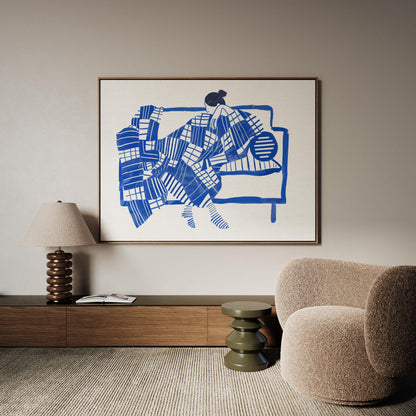 Figurative Wall Art: Blue Abstract Woman - Floating Wood Frame