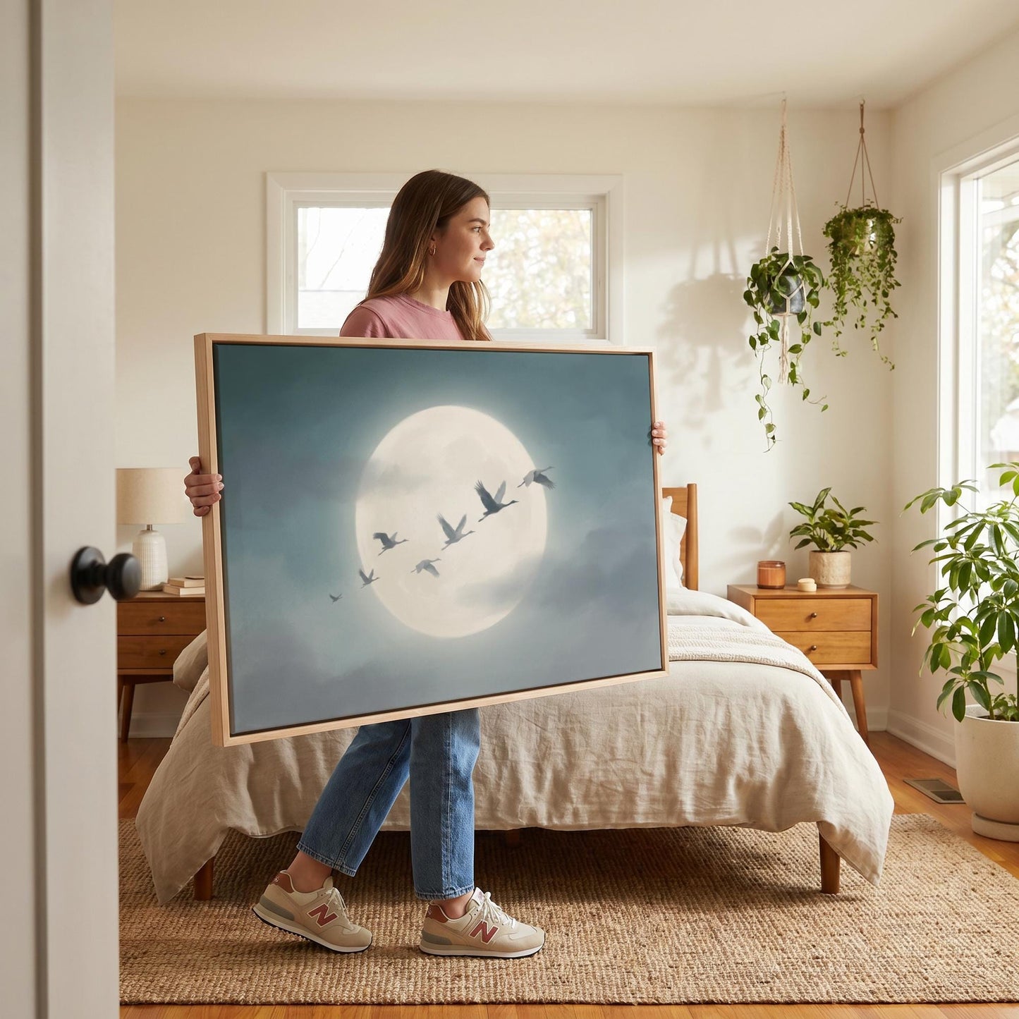 Flying Cranes Moon Canvas Wall Art