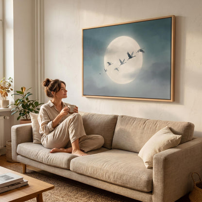 Flying Cranes Moon Canvas Wall Art