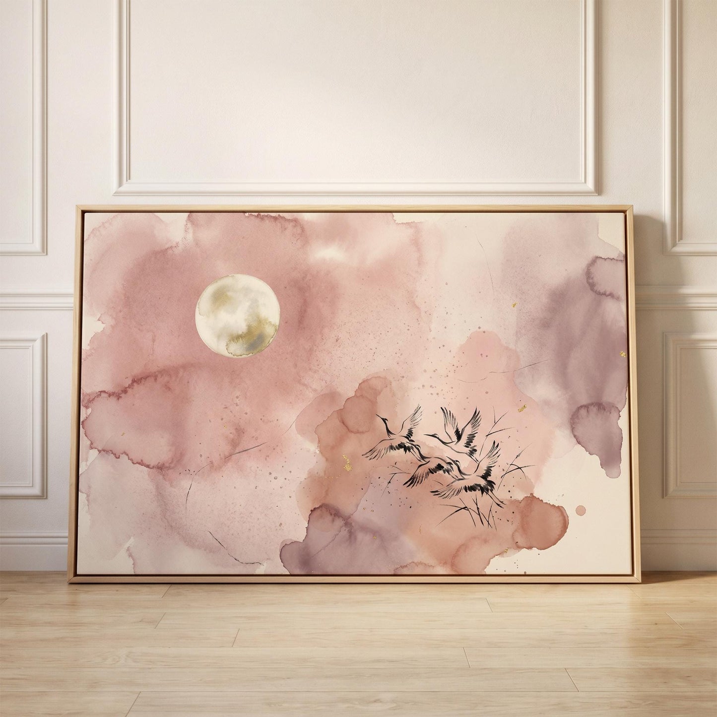 Cranes and Moon Canvas Wall Art