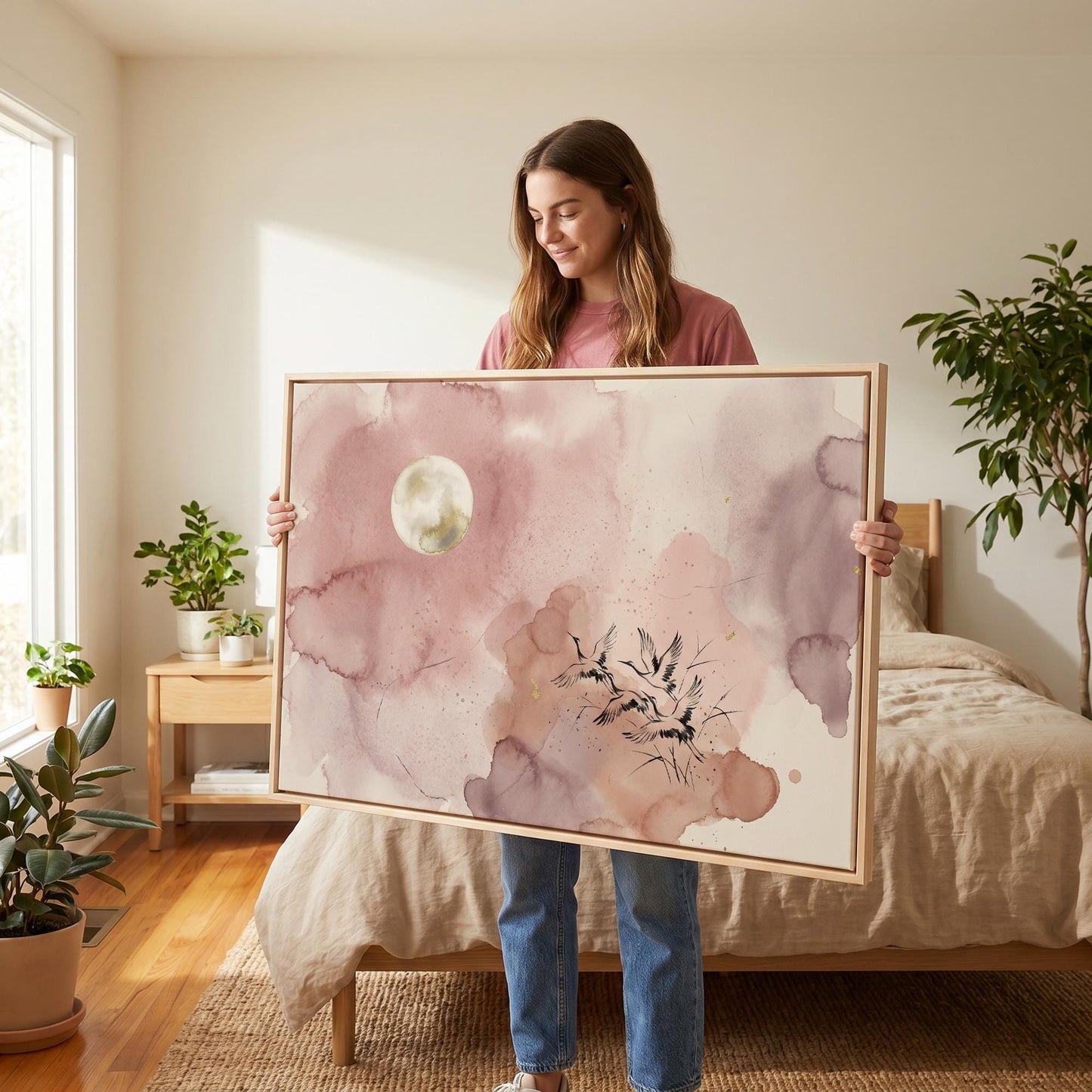 Cranes and Moon Canvas Wall Art