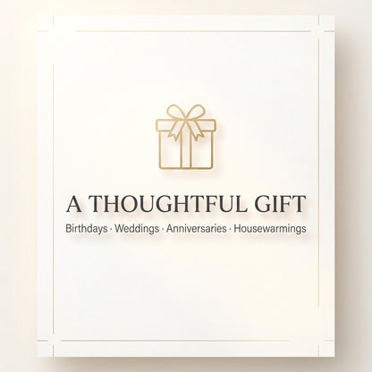 a logo for a company called "A Thoughtful Gift", which offers services related to birthdays, weddings, anniversaries, and housewarming parties.