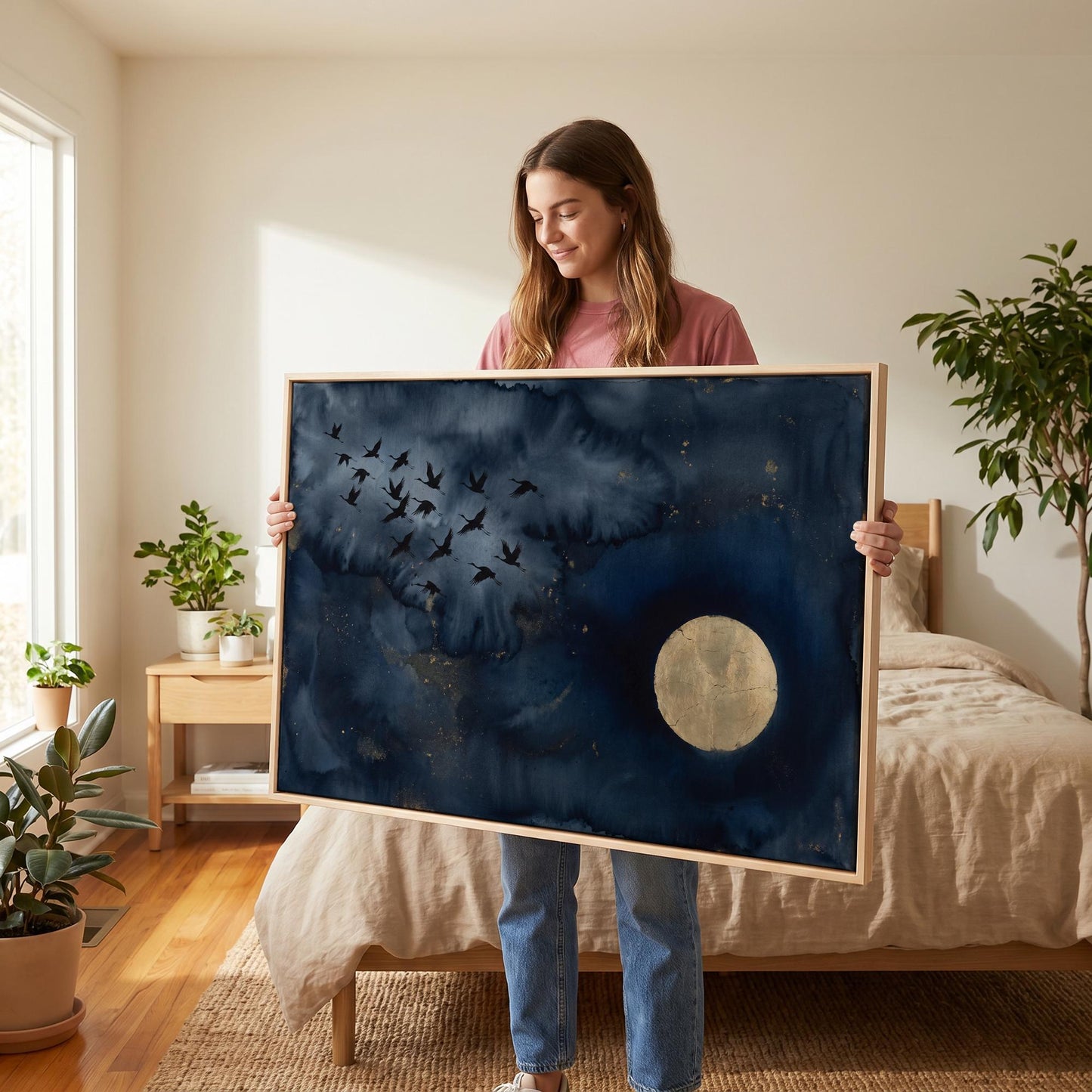 Cranes and Moon Canvas Wall Art