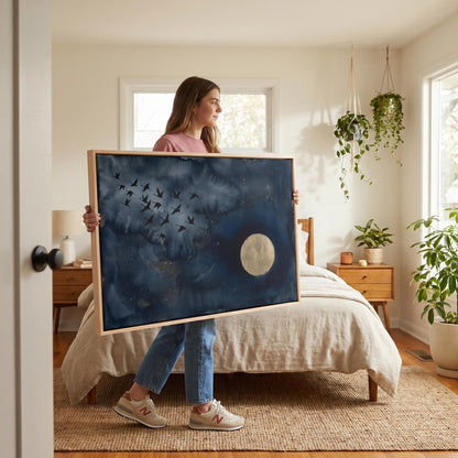 Cranes and Moon Canvas Wall Art