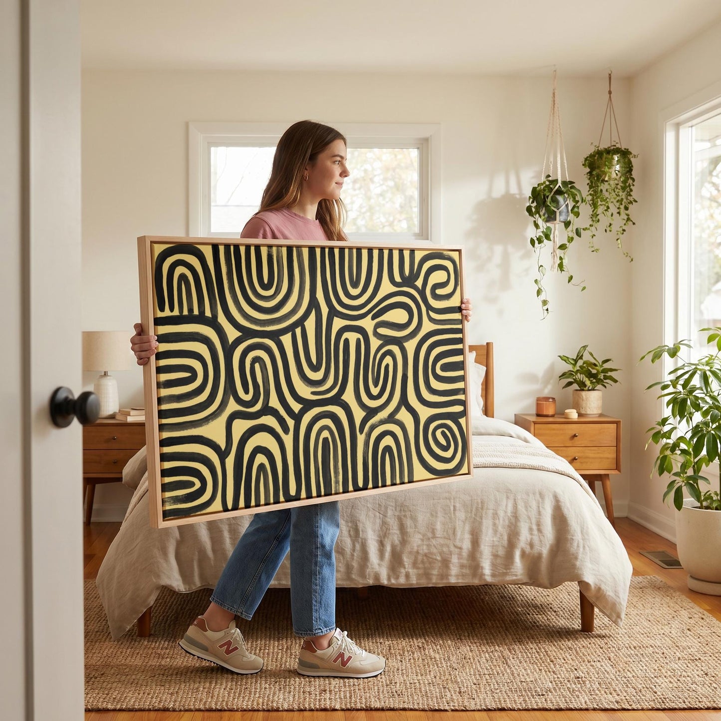 Abstract Line Art Canvas Wall Yellow Black Bold Swirl Print