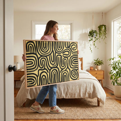 Abstract Line Art Canvas Wall Yellow Black Bold Swirl Print