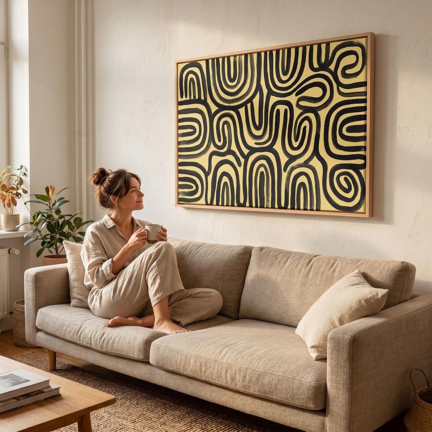 Abstract Line Art Canvas Wall Yellow Black Bold Swirl Print