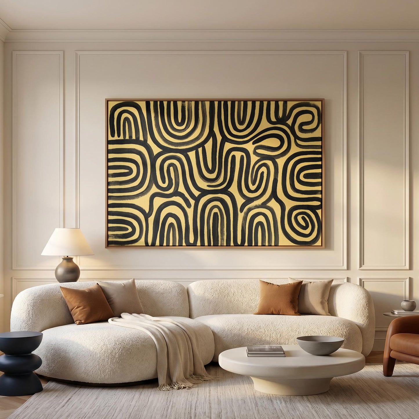 Abstract Line Art Canvas Wall Yellow Black Bold Swirl Print