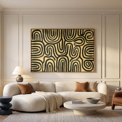 Abstract Line Art Canvas Wall Yellow Black Bold Swirl Print