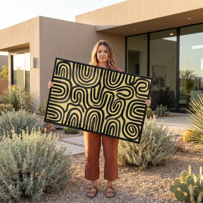 Abstract Line Art Canvas Wall Yellow Black Bold Swirl Print