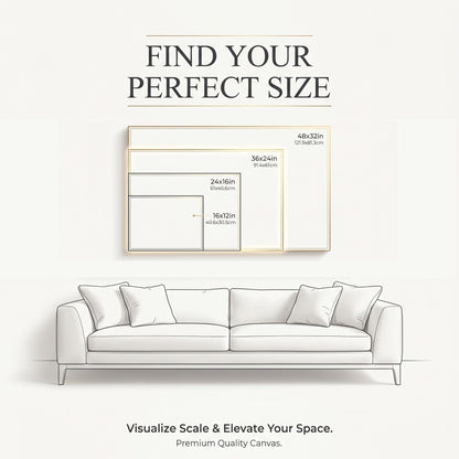 The image is an advertisement for a canvas product that helps visualize scale and elevate space. It features a couch and a painting of a couch, along with size measurements for different canvas sizes.
