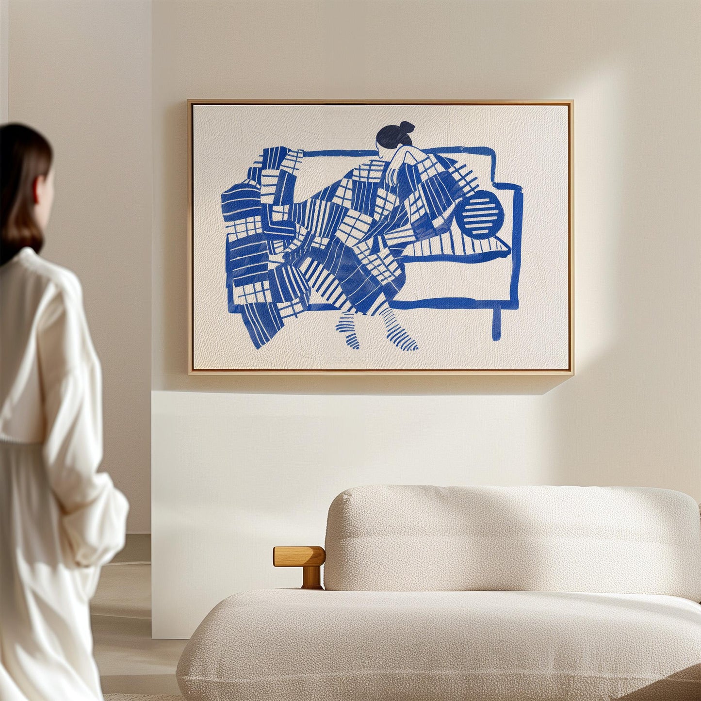 Figurative Wall Art: Blue Abstract Woman - Floating Wood Frame