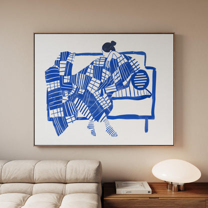 Figurative Wall Art: Blue Abstract Woman - Floating Wood Frame