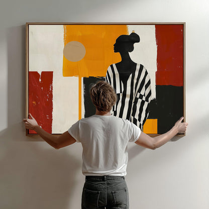 Modern Canvas Wall Art - Striped Woman with Geometric Background