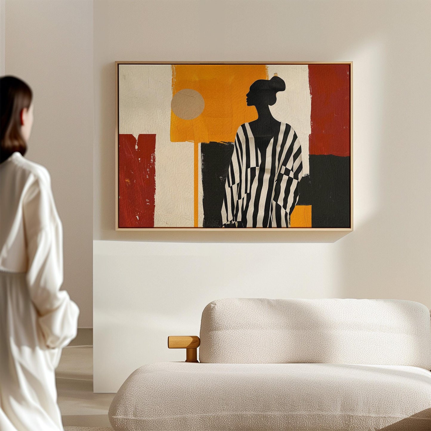 Modern Canvas Wall Art - Striped Woman with Geometric Background