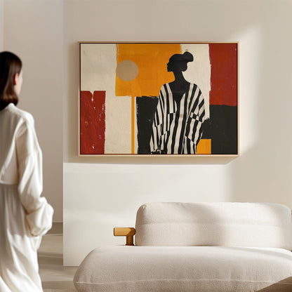 Modern Canvas Wall Art - Striped Woman with Geometric Background