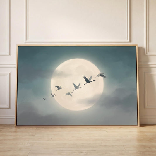 Flying Cranes Moon Canvas Wall Art