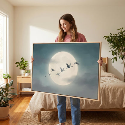 Flying Cranes Moon Canvas Wall Art