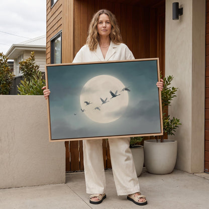 Flying Cranes Moon Canvas Wall Art