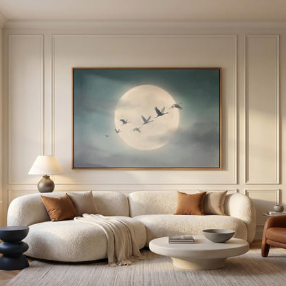 Flying Cranes Moon Canvas Wall Art