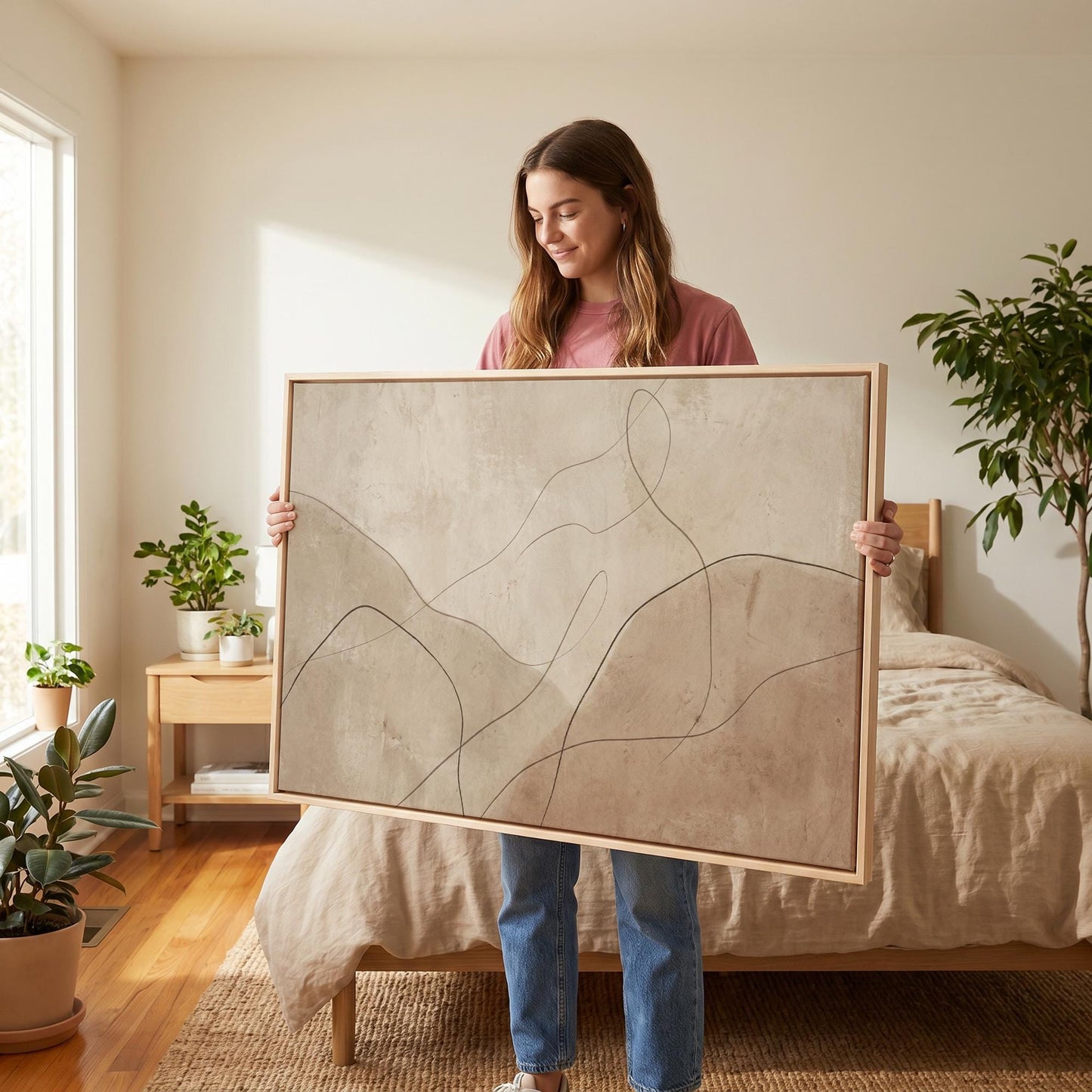 Abstract Line Art Canvas Wall Beige Brown Minimalist Print