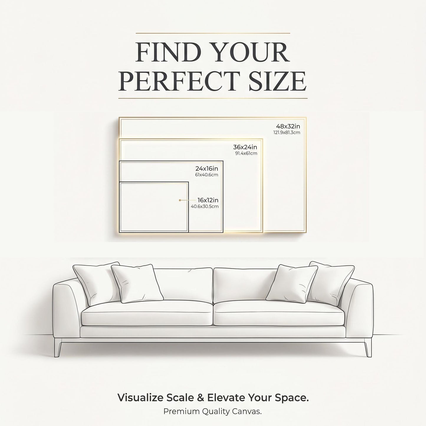 The image is an advertisement for a canvas product that helps visualize scale and elevate space. It features a couch and a painting of a couch, along with size measurements for different canvas sizes.