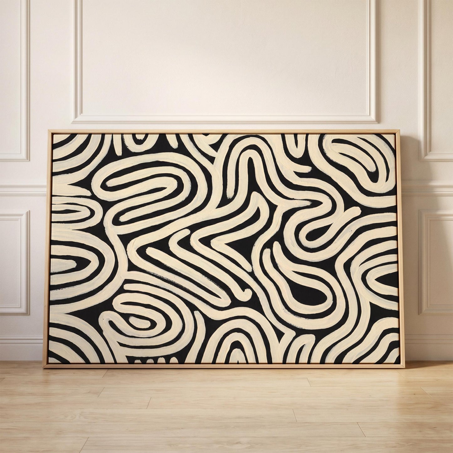 Abstract Line Art Canvas Wall Black Cream Bold Swirl Print