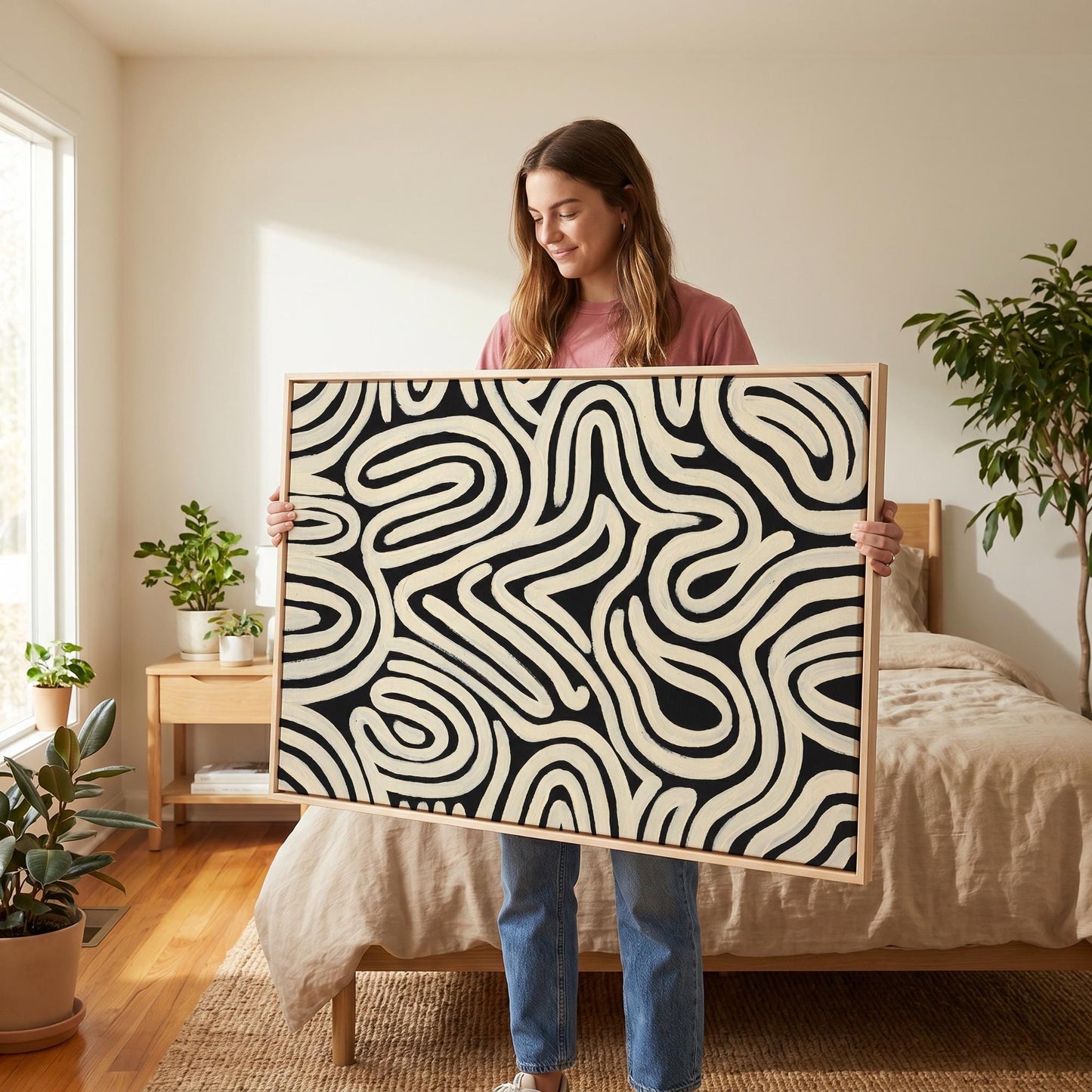 Abstract Line Art Canvas Wall Black Cream Bold Swirl Print